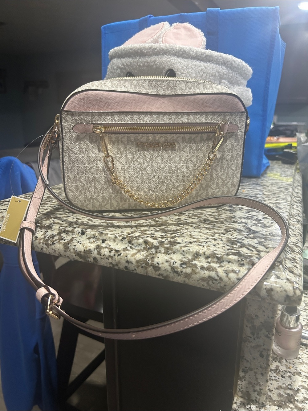 Michael Kors Pink and Beige Signature Crossbody with Gold Chain